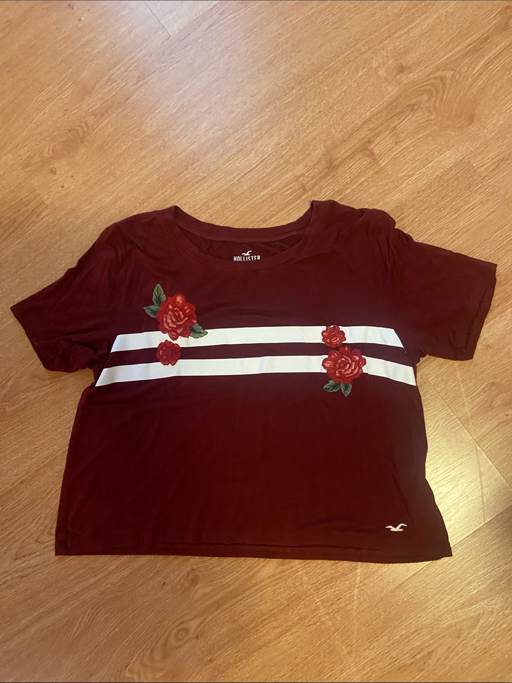 Hollister Maroon Crop Tee with White Stripes & Red Floral Embroidery